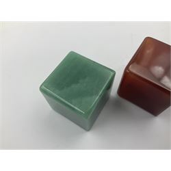 Ten cube mineral specimens, each cut and polished to highlight natural formations, including tiger eye, green aventurine, rose quartz, opalite, amethyst etc, H3cm 