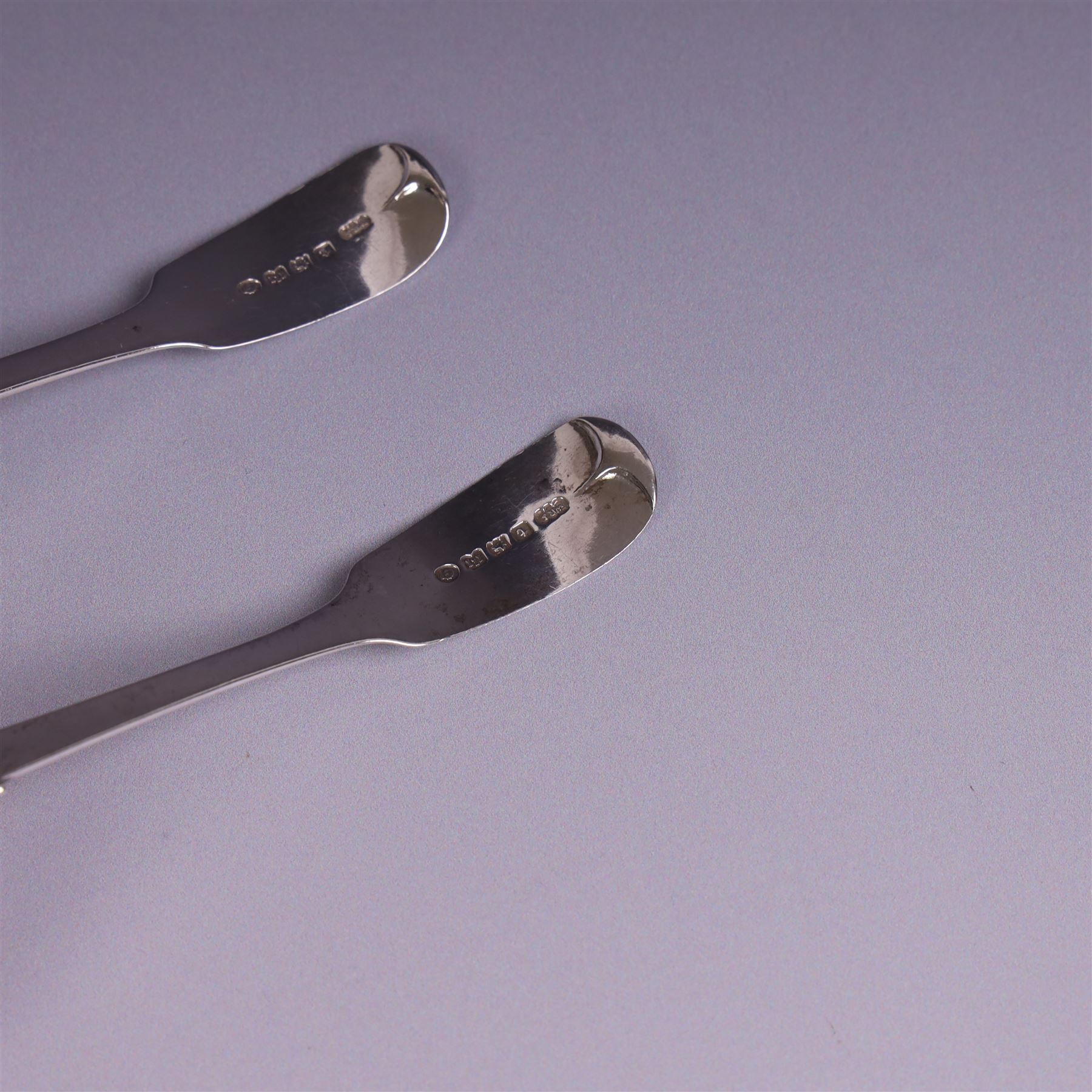 Pair of William IV silver Fiddle pattern spoons, comprising ladle and sifting spoon, each with presentation engravings to terminal, hallmarked William Rawlings Sobey, Exeter 1836