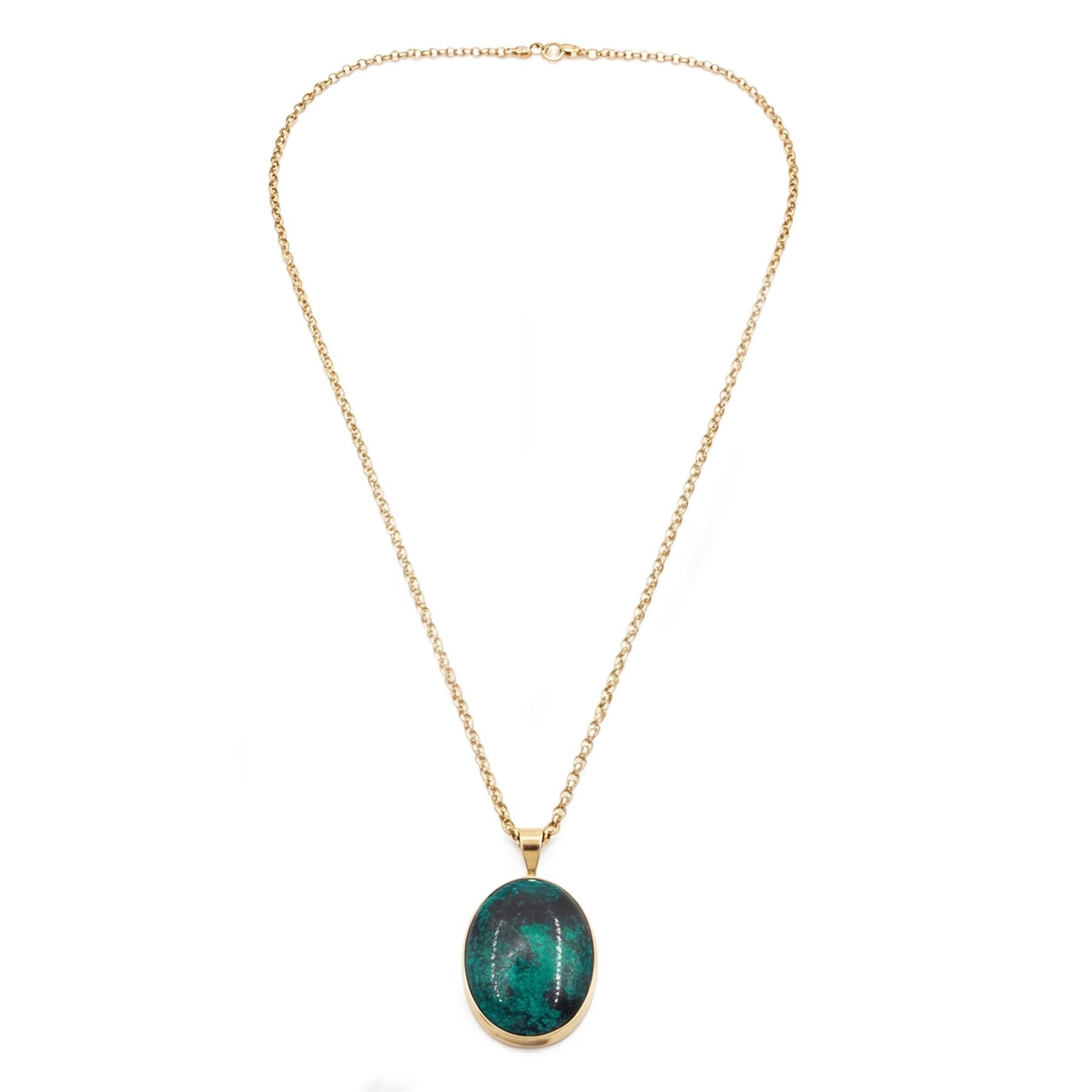 9ct gold azurite pendant necklace, bezel set oval cut azurite, on a gold belcher link chain necklace