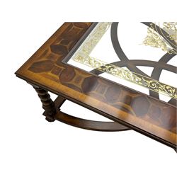 Jonathan Charles - large mahogany coffee table, the square oyster veneered top with verre églomisé inset, the glass hand-painted with gilt scrolling foliate patterns, raised on spiral turned supports with acanthus and gadroon carvings, united by interlocking demi-lune stretchers, on scrolled acanthus feet