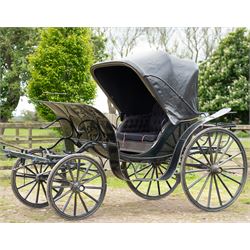 George IV Phaeton Carriage by Mills, Paddington, London

A George IV four wheeled phaeton carriage by Mills, Paddington, London, the hubs stamped accordingly, with black painted bodywork, folding black leather hood, upholstered passenger compartment and rear luggage platform. The carriage is fitted with wooden spoked wheels, yellow coachlining, leaf spring suspension, front mudguards, metal footrests and shafts for single horse use. In original condition by one of the best carriage builders of the day

Features

• Maker’s hubs marked Mills, Paddington, London
• Four wheeled phaeton carriage
• Black painted bodywork with fine yellow coachlining
• Folding black leather hood
• Button upholstered passenger seating
• Rear luggage platform with rail
• Wooden spoked wheels with rubber tyres
• Leaf spring suspension
• Shafts for single horse use
• Front mudguards and metal footrests
• Fitted with a side mounted ratchet hand brake operating on the rear wheel


Dimensions:
Overall length: 305 cm
Width: 160 cm
Height: 213 cm

Wheel Diameters:
Front wheels: 77 cm
Rear wheels: 107 cm

Seating:
Driving seats: 1
Passenger seats: 2