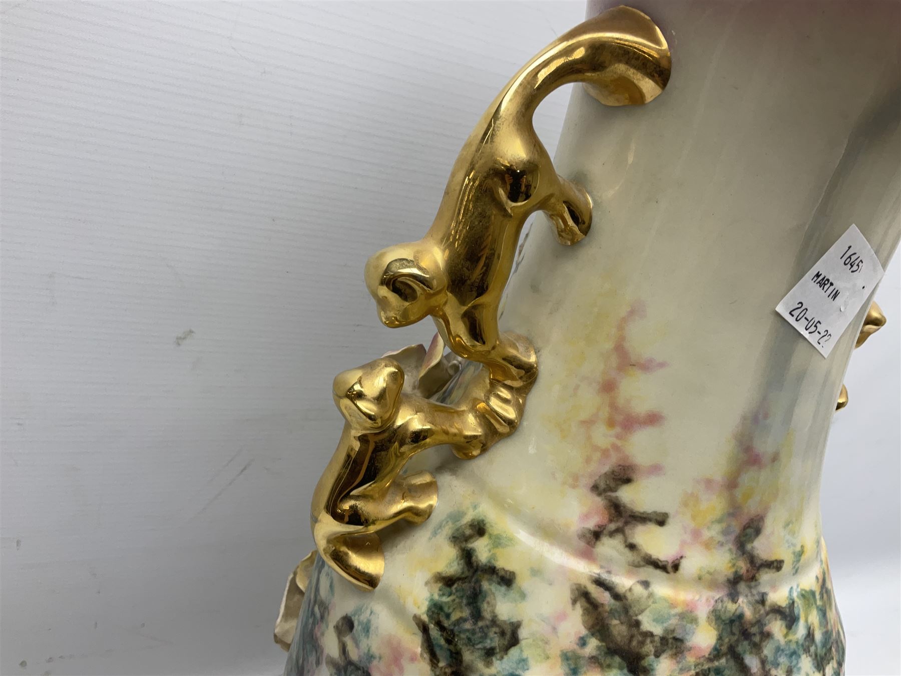 Mid-late 20th century French vase of baluster form by M. Depose, with applied floral decoration and gilding, and twin handles, with impressed mark beneath, H55cm