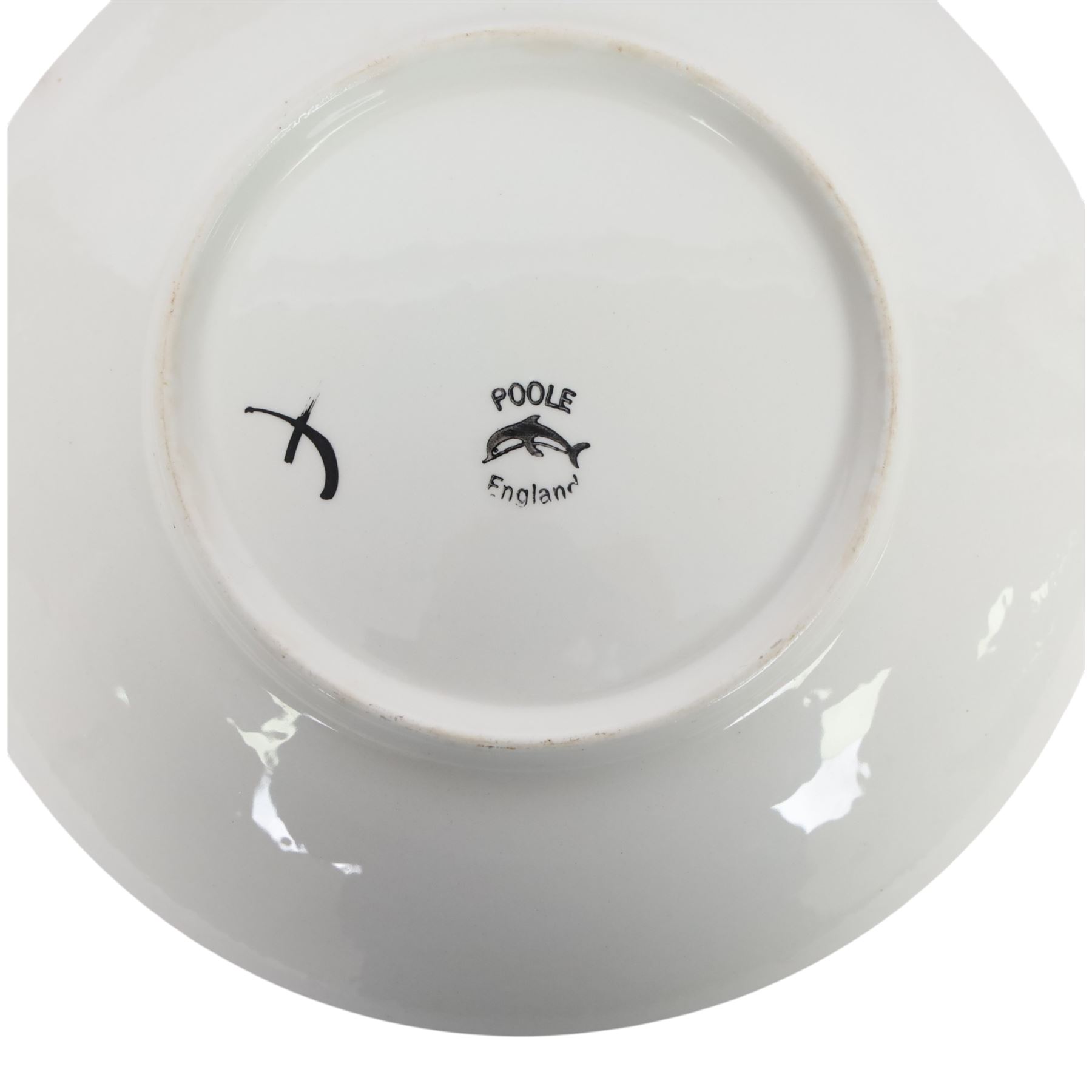 Poole pottery, Delphis Volcano pedestal dish, Delphis charges, in blues and black on a red ground, shape four and another plate, pedestal dish D23cm 