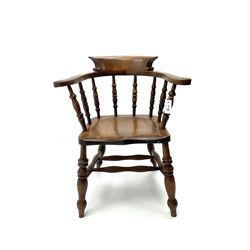 19th century beech smokers bow armchair, spindle back, turned supports joined by double H stretcher