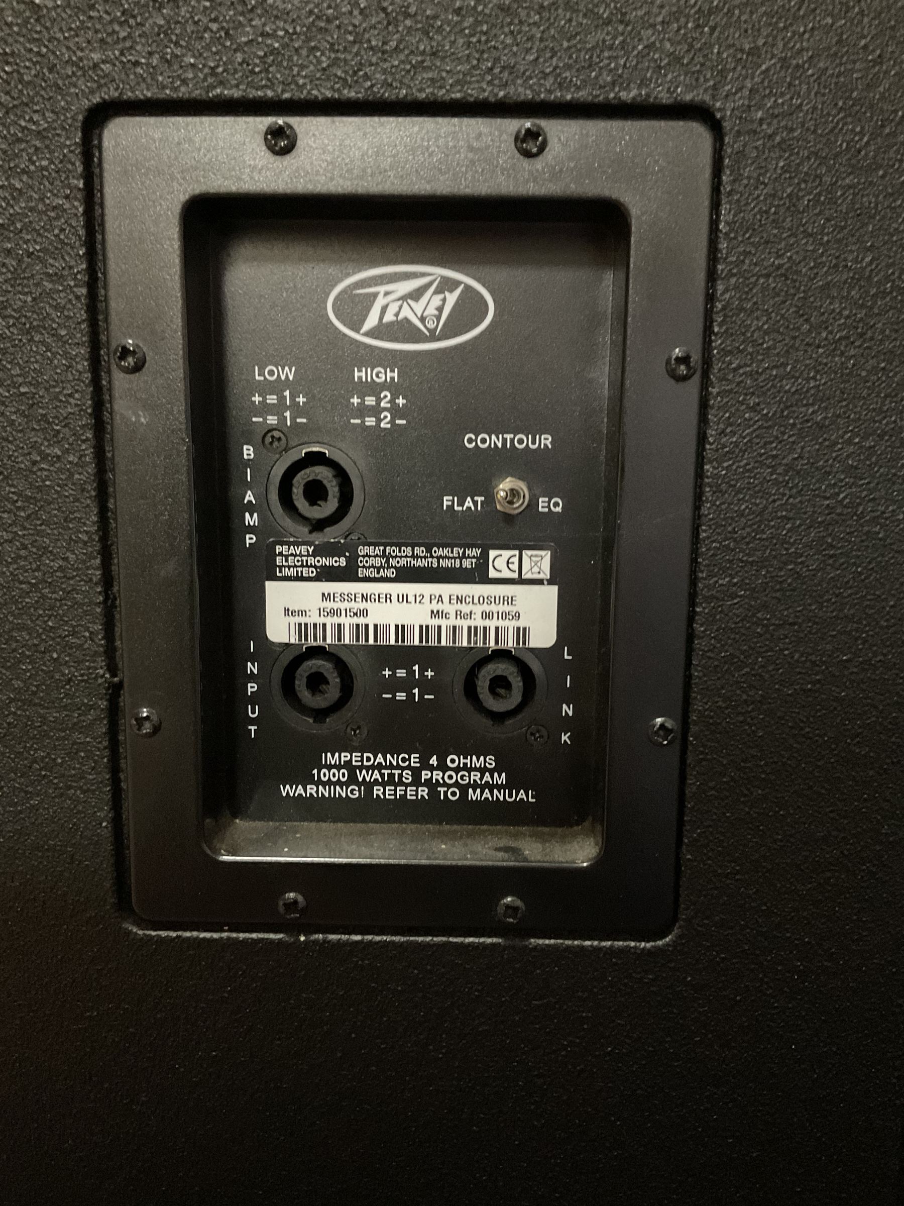 Peavey XR-696F 1200W Amplifier, serial no.K0241228, L47cm; with two Peavey UL bass bins L56cm and two Peavey top speakers L45cm with connecting rods; all with covers; and quantity of heavy duty cables, two microphone cables and microphone stand