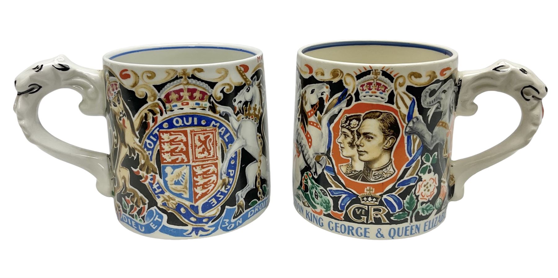 Two Dame Laura Knight coronation mugs for King George VI and Queen Elizabeth, comprising a Burleigh Ware example and a J&G Meakin example, each with a lion moulded handle and printed marks beneath, H8cm