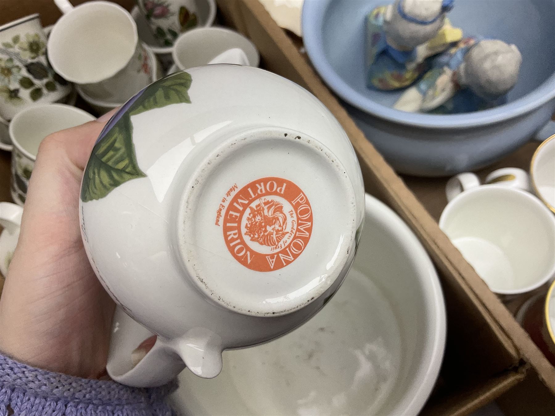 Large collection of ceramics to include God Speed the Plough loving cup, Denby, Coalport, Portmeirion, quantity of mugs etc in four boxes