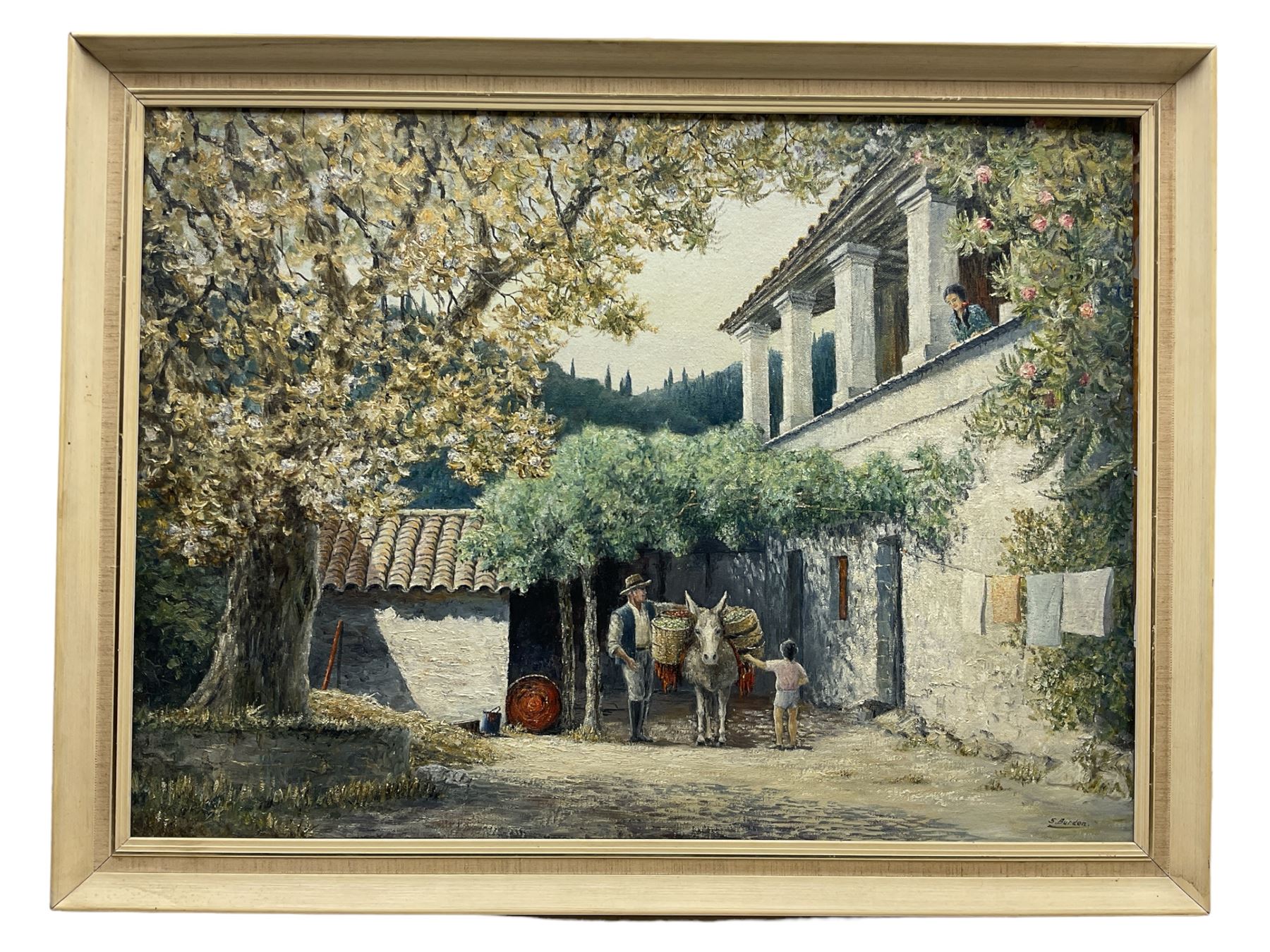 Sam Burden (British 1932/38-): 'Corfiot Courtyard', oil on canvas board signed, titled verso 55cm x 75cm