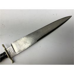 Hunting knife by J Nowill & Sons, Sheffield, the handle inset with mother of pearl, blade length 19cm; George Wolstenholme IXL lock-knife with antler scales L29cm open; and another Bowie style hunting knife marked 'V.R. Warranted Sheffield Joseph Ellis & Sons' in leather sheath (3)