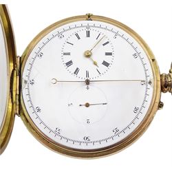 Gold-plated open face keyless lever diablotine chronograph pocket watch, white enamel dial with centre seconds and subsidiary time dial and quarter-second jump diablotine, case No. 7109, with skeleton back cover