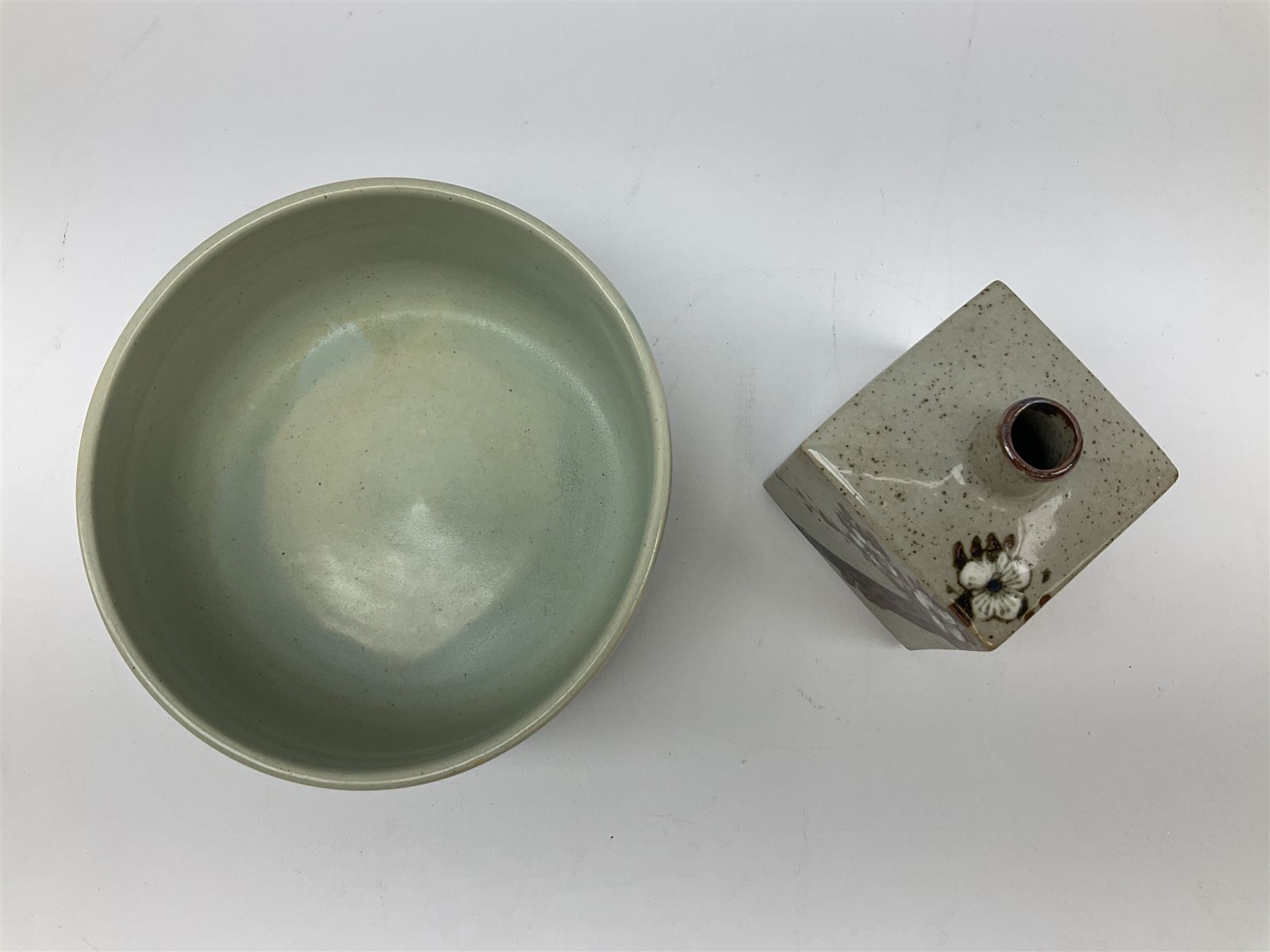 Quantity of studio pottery to include square section vase decorated with blossoming branches, other studio pottery to include jugs, bowls, vases etc, with various marks, duck egg b,J.E. bowl stamped Buchan, continental pottery, other stoneware pottery to include glazed jar with lid etc