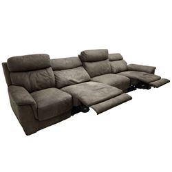 DFS - 'Vinson' grande four-seat electric reclining smart sofa upholstered in stitched grey fabric, each seat with independent electric reclining action, fitted with two USB charging ports 