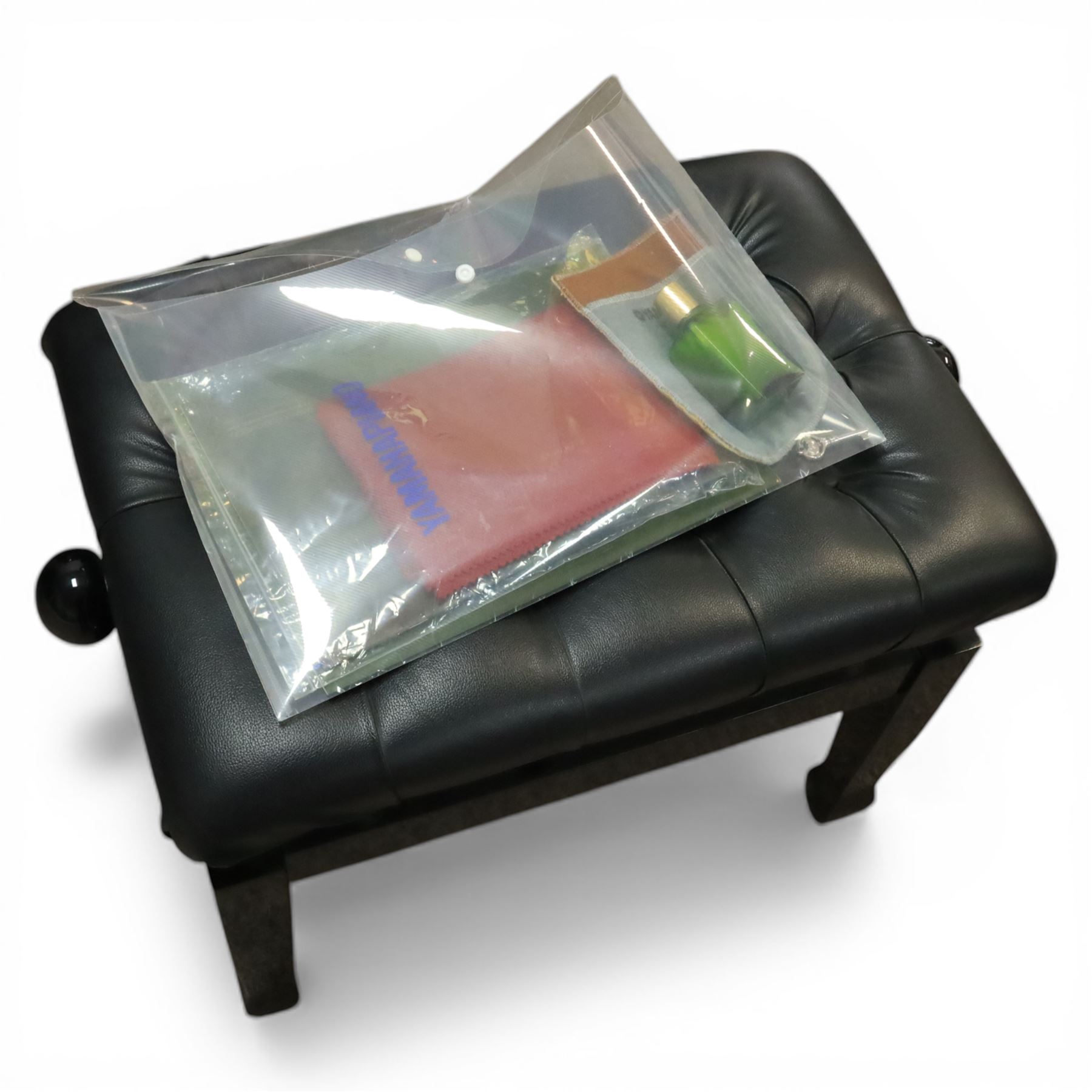 Yamaha model U5 upright piano retailed by Harrods, 88 keys and three pedals within high gloss ebonised case, serial no. 6055292, with Roland black button top piano stool