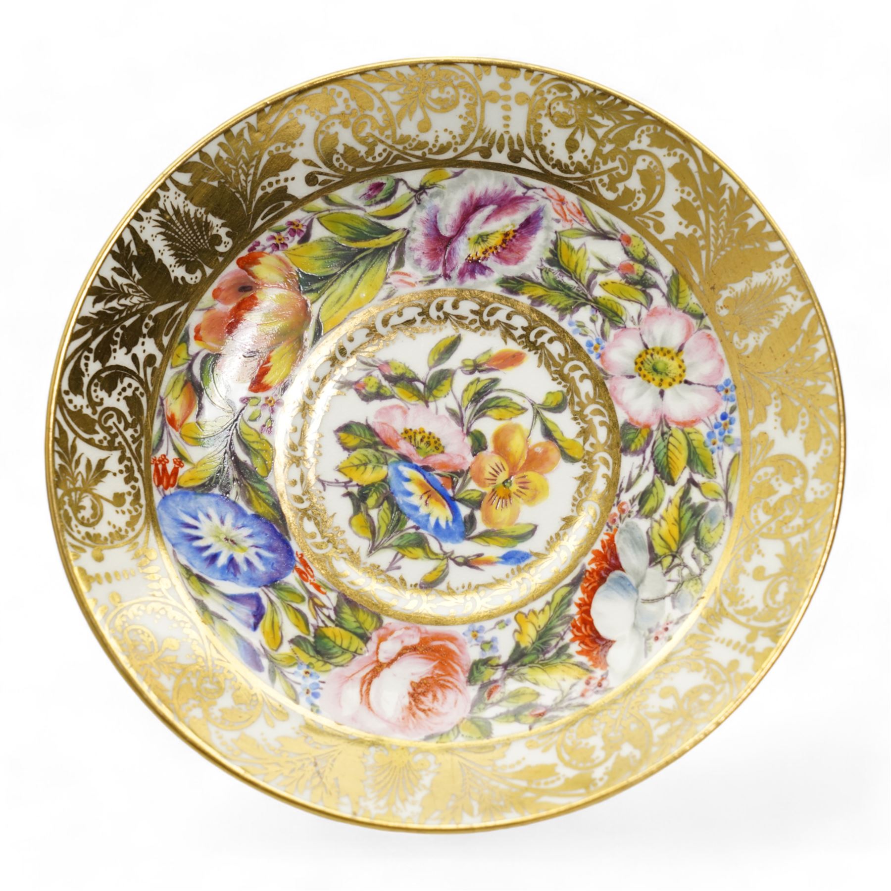 Early 20th century Sampson Hancock Derby porcelain breakfast cup and saucer, painted by  Harry Sampson Hancock, with central sprays and trailing flowers, within scroll gilt borders, painted marks beneath, saucer D14cm, cup H7cm
