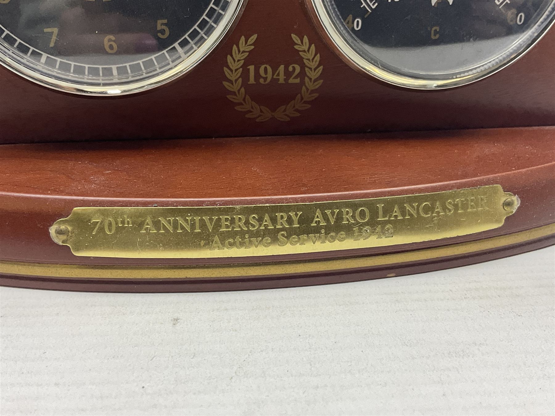 Bradford Exchange 70th Anniversary Lancaster Desk Clock/Barometer; wing span 24cm; with certificate; Corgi Forward March Somme Trench Scene 'Another Day in Hell'; limited edition of 500 with certificate; cased pen handcrafted from a section of oak wood from Messines Ridge (bunker wood prop support); limited edition No.1/6 with certificate; and boxed Bletchley Park souvenir paperweight (4)