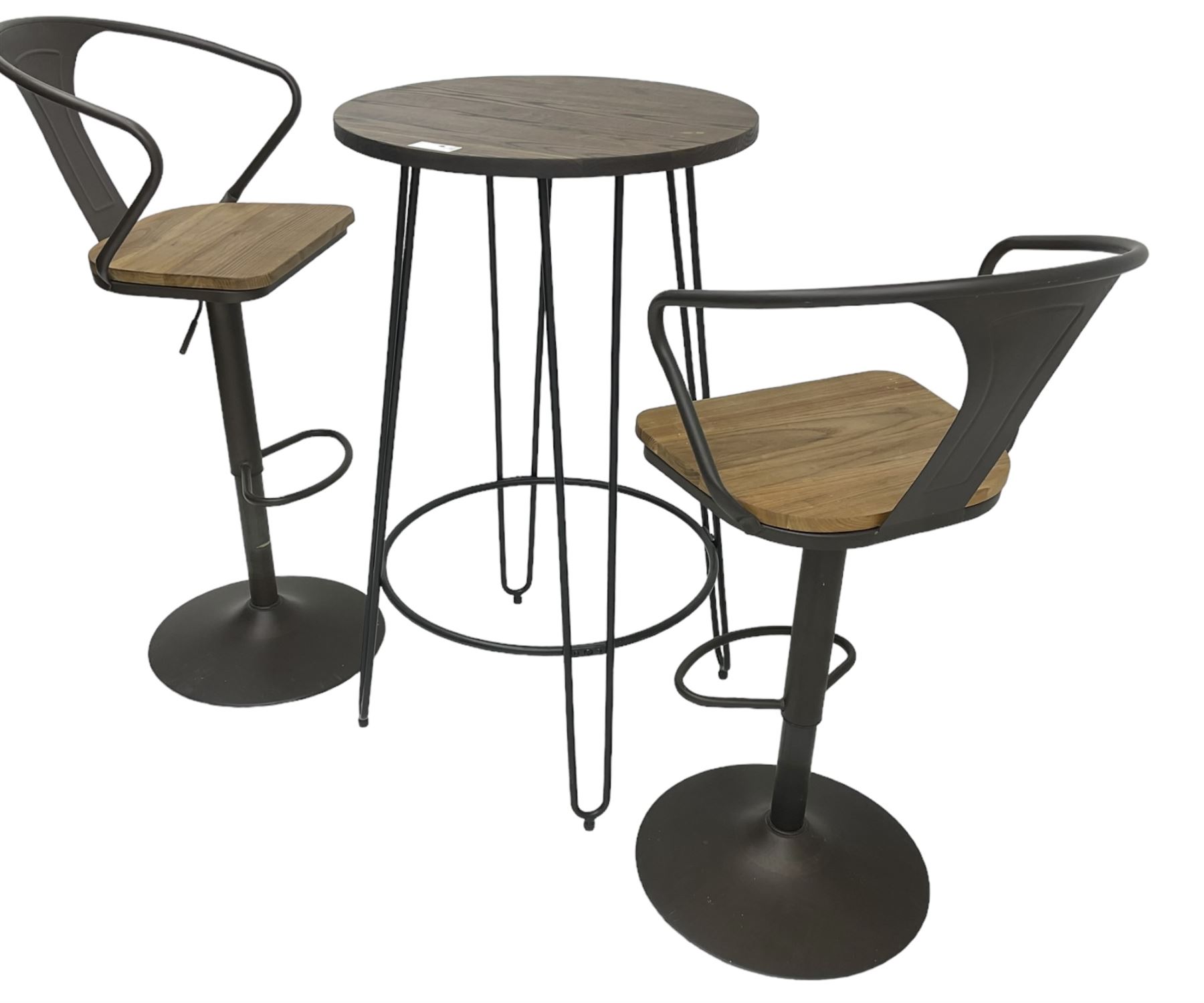 NEXT Home - rustic pine and wrought metal bistro table, circular top over dark grey metal base (W61cm H104cm); and pair of matching high stools, with swivel and adjustable height action (H113cm)