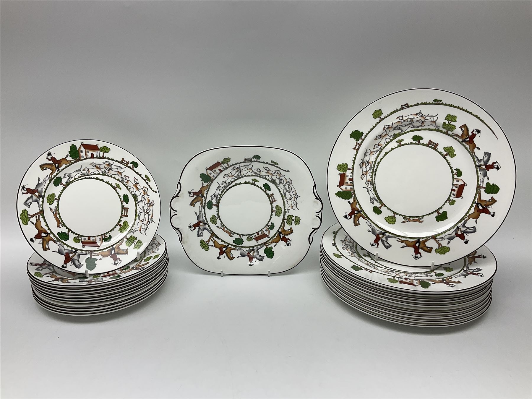 Wedgwood Hunting Scenes dinner and tea service for ten, to include dinner plates, side plates, dessert plates, cups and saucers, mugs, two large teapots, two milk jugs, etc, together with matching items by coalport and Staffordshire (94)