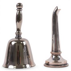 Silver mustard pot and spoon, both hallmarked, together with a silver plated trophy, wine funnel and bell