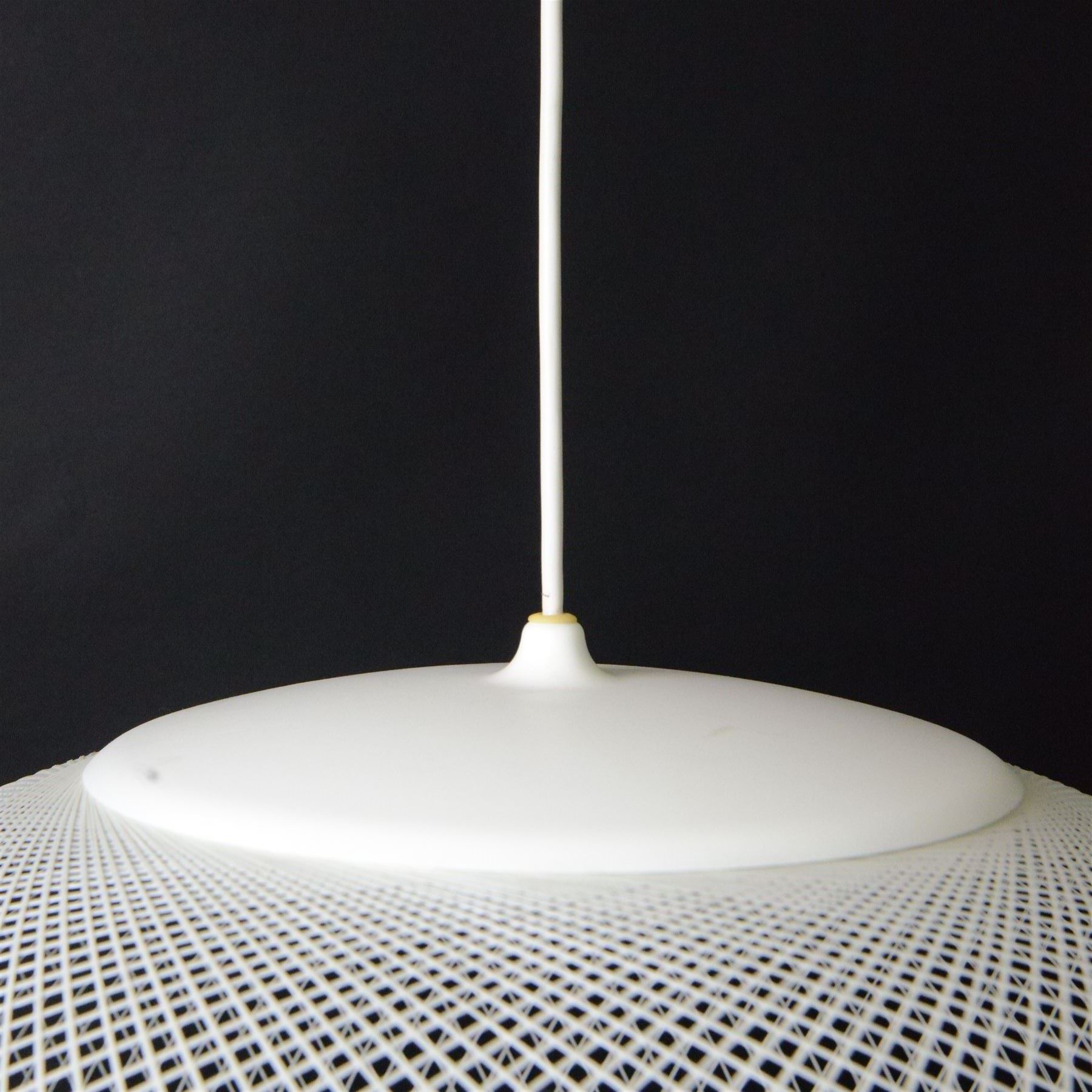 Moooi - NR2 pendant light, circular openwork shade formed from fine white threads in a complex woven lattice, enclosing an internal light source, suspended from a white cable and ceiling rose