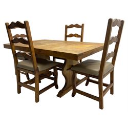 Pine dining table, rectangular top on shaped end supports united by pegged stretcher; together with a set of four pine dining chairs with shaped ladder backs