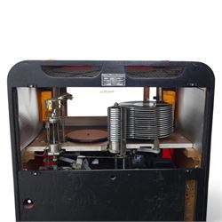 Rudolf Wurlitzer Company - Model 616 'Simplex' 1937 jukebox, figured walnut veneered cabinet with illuminated red and amber side panels enclosed by chromed uprights, glazed upper record compartment, cast Art Deco speaker grille, coin-operated push-button selection panel with circular title index, raised on a moulded base