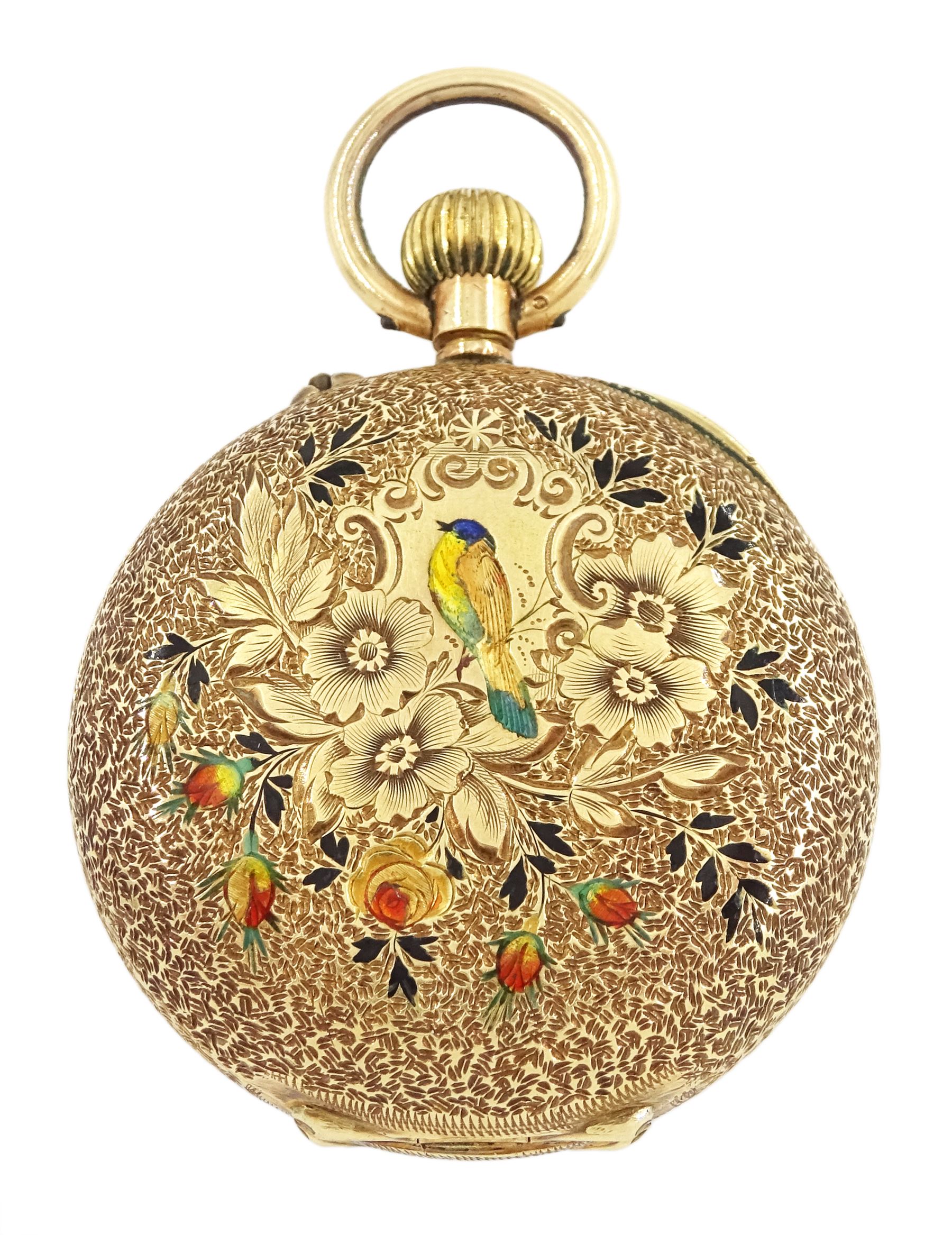 Early 20th century Swiss 14ct gold open face cylinder fob watch, white enamel dial with Roman numerals, back case with enamelled bird decoration amongst flowers, squirrel hallmark