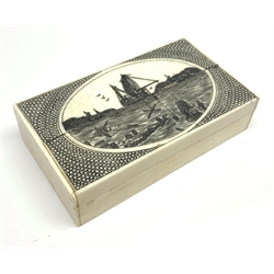 Modern bone box of oblong form, the hinged lid with scrimshaw style decoration of figures being rescued from a wrecked ship by a coast L10.5cm