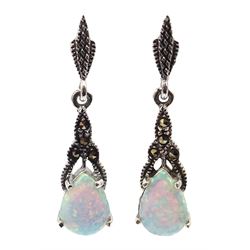 Pair of silver opal marcasite pendant earrings, stamped 925