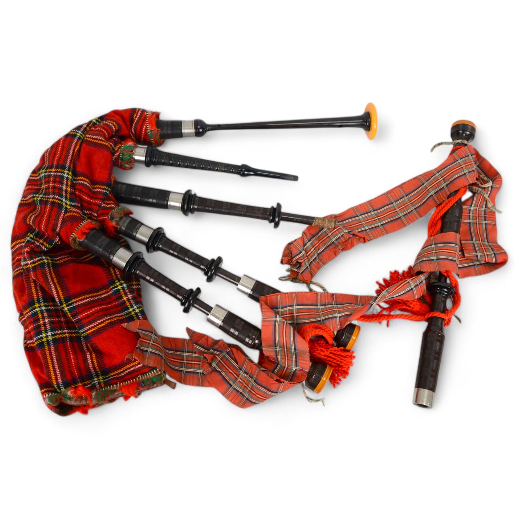 Set of mid 20th century bagpipes, with McLeod chanter, Royal Stuart cover, tassels, ribbons and spare accessories, contained within a wooden carry case, together with a Scarborough Highland Pipe Band uniform, comprising black highland dress jacket, Royal Stuart kilt, Glen Garry hat, Swinging Six sporren, Sgian Dubh knife, piper's dirk with knife and fork, etc
