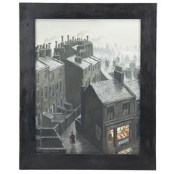 Steven Scholes (Northern British 1952-): 'Wet Roof Tops and Evans Fish & Chips Manchester', oil on board signed, titled verso 34cm x 27cm
