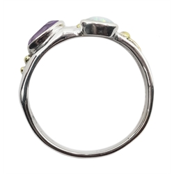  Silver and 14ct gold wire amethyst and opal ring, stamped 925  