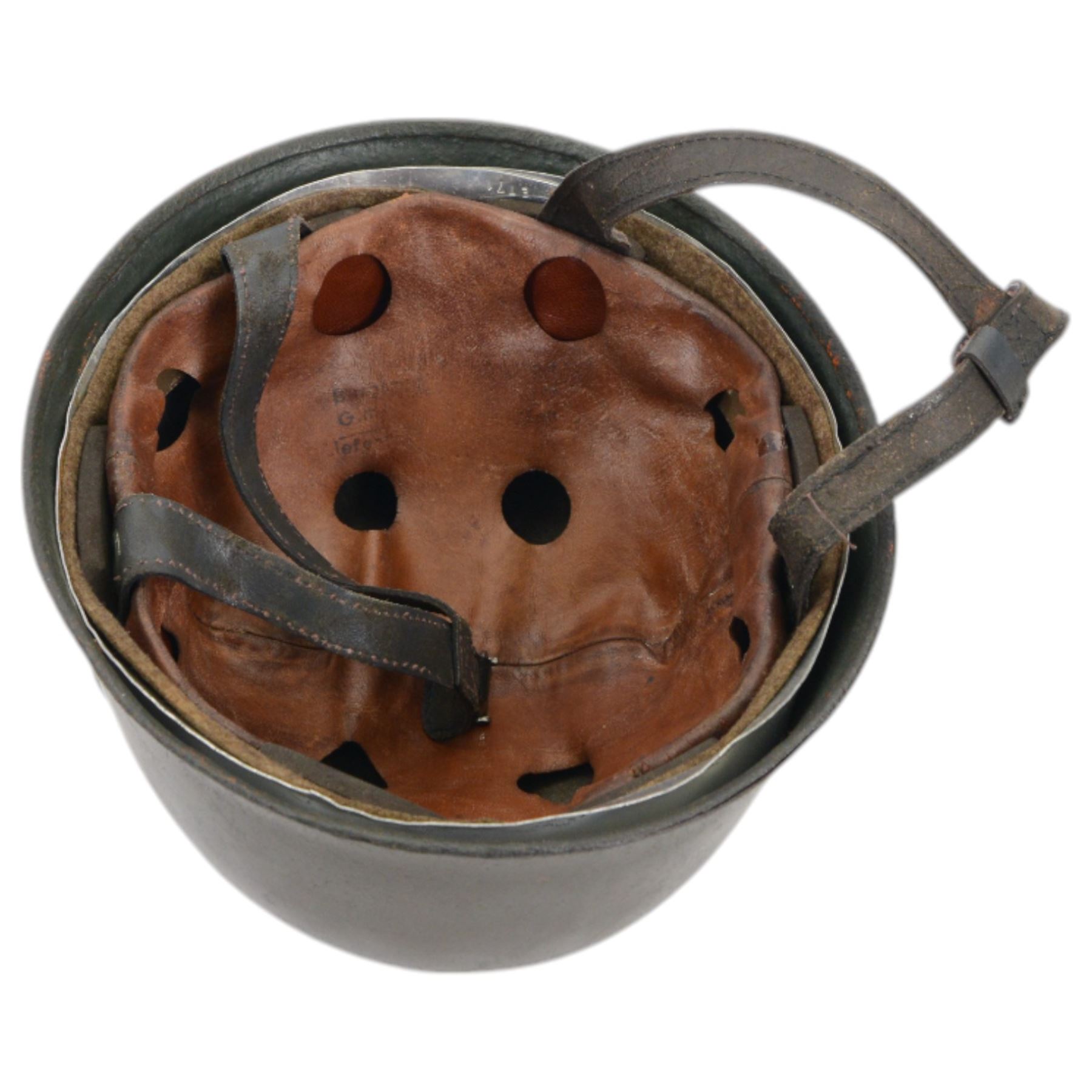 Reproduction German Fallschirmjager paratrooper helmet, inner webbing and leather chin strap, marked ET71 inside 