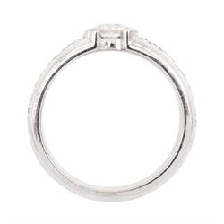 18ct white gold diamond ring, half bezel set with a single round brilliant cut diamond of approx 0.45 carat, with pave set round cut diamond shoulders, hallmarked