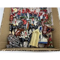 Sectional wooden fort on base with painted textured finish 46 x 36cm; together with over thirty lead and die-cast white metal soldiers and horses by various makers; and a small quantity of plastic figures of soldiers