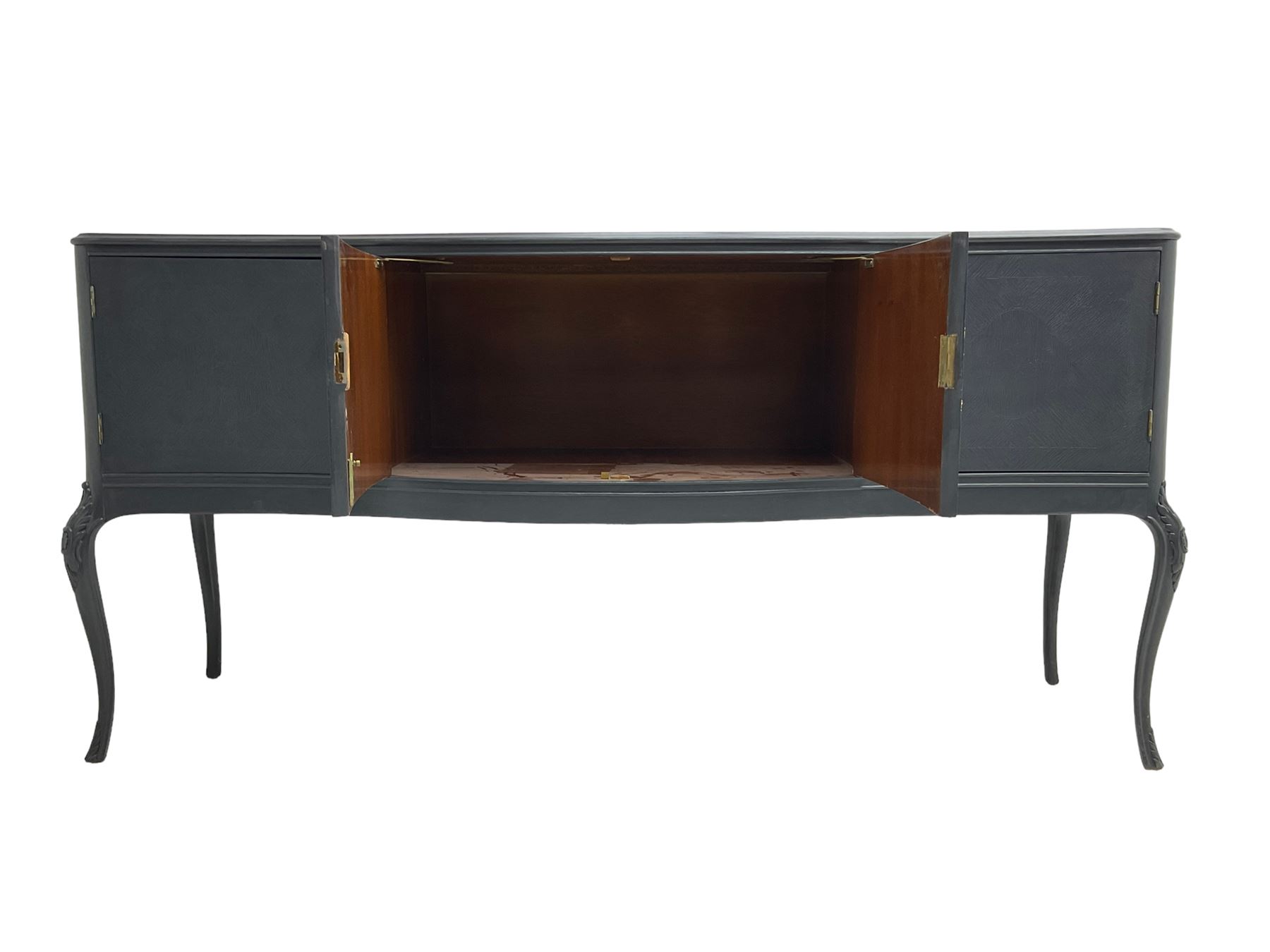 French design grey painted teak serpentine sideboard, the shaped front fitted with central double cupboard flanked by two single cupboards, each concealing drawer, on cabriole supports