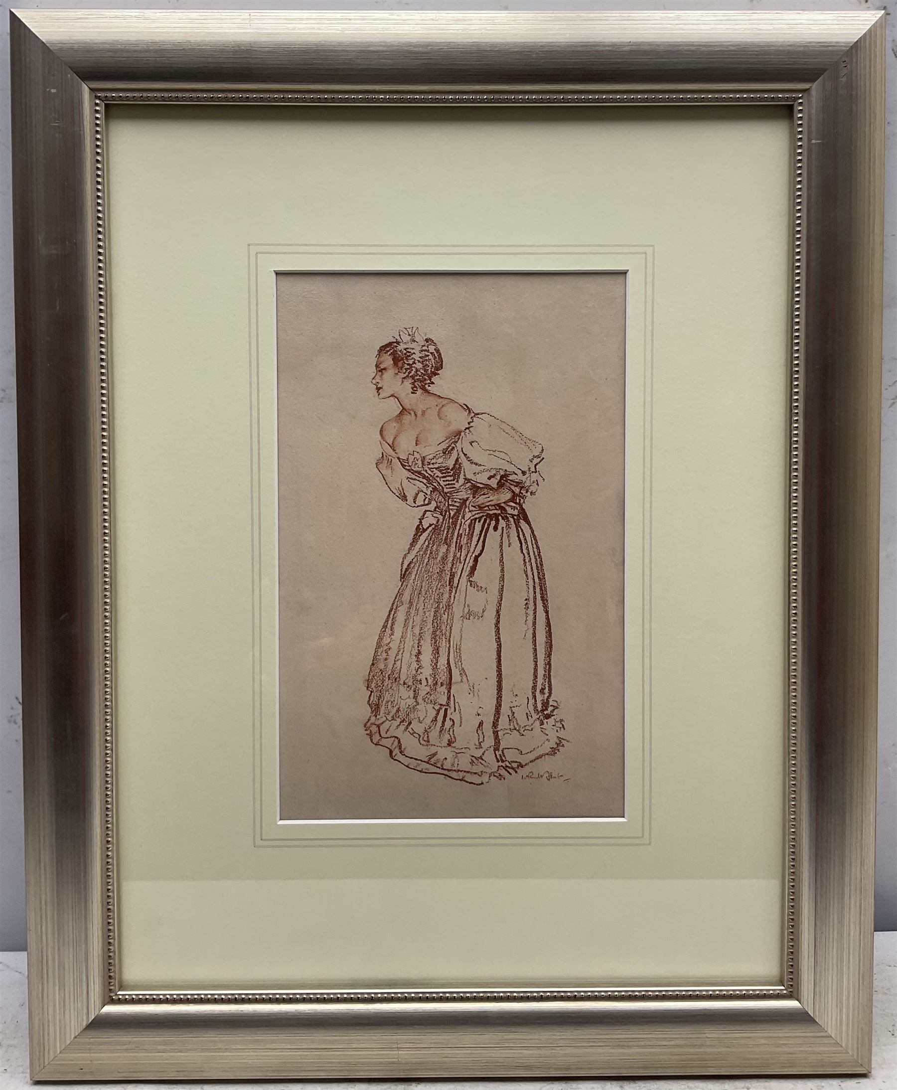 Sir William Russell Flint (Scottish 1880-1969): 'Clarissa' - Full Length Study, sanguine chalk signed 27cm x 17cm 
Provenance: private collection; with James Alder Fine Art, Hexham