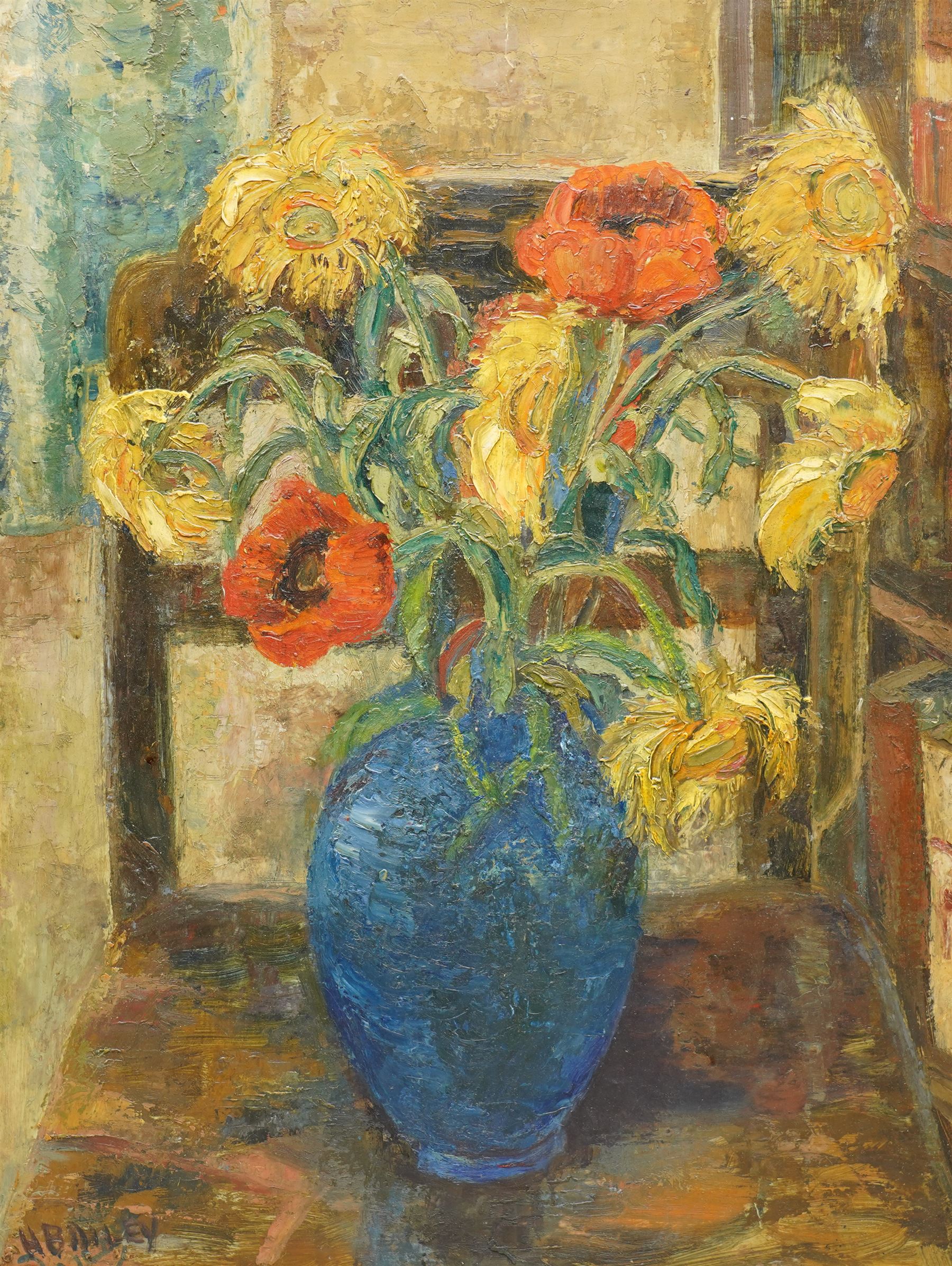 H Bailey (British Mid-20th century): Still Life of Sunflowers in a Vase, oil on board signed 50cm x 37cm; Sibil Elizabeth Swinden (British Mid-20th century): Still Life of Blue Flowers in a Pot, oil on canvas labelled verso 44cm x 34cm (2)