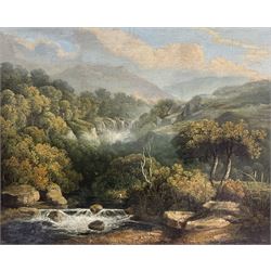 Circle of Julius Caesar Ibbetson (British 1759-1817): Lakeland Waterfall, oil on canvas unsigned 34cm x 42cm