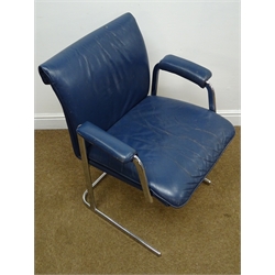  Mid 20th century armchair, upholstered in a blue leather style material, chrome supports, W62cm  