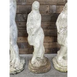 Four cast stone maiden figures, small bird bath and planter