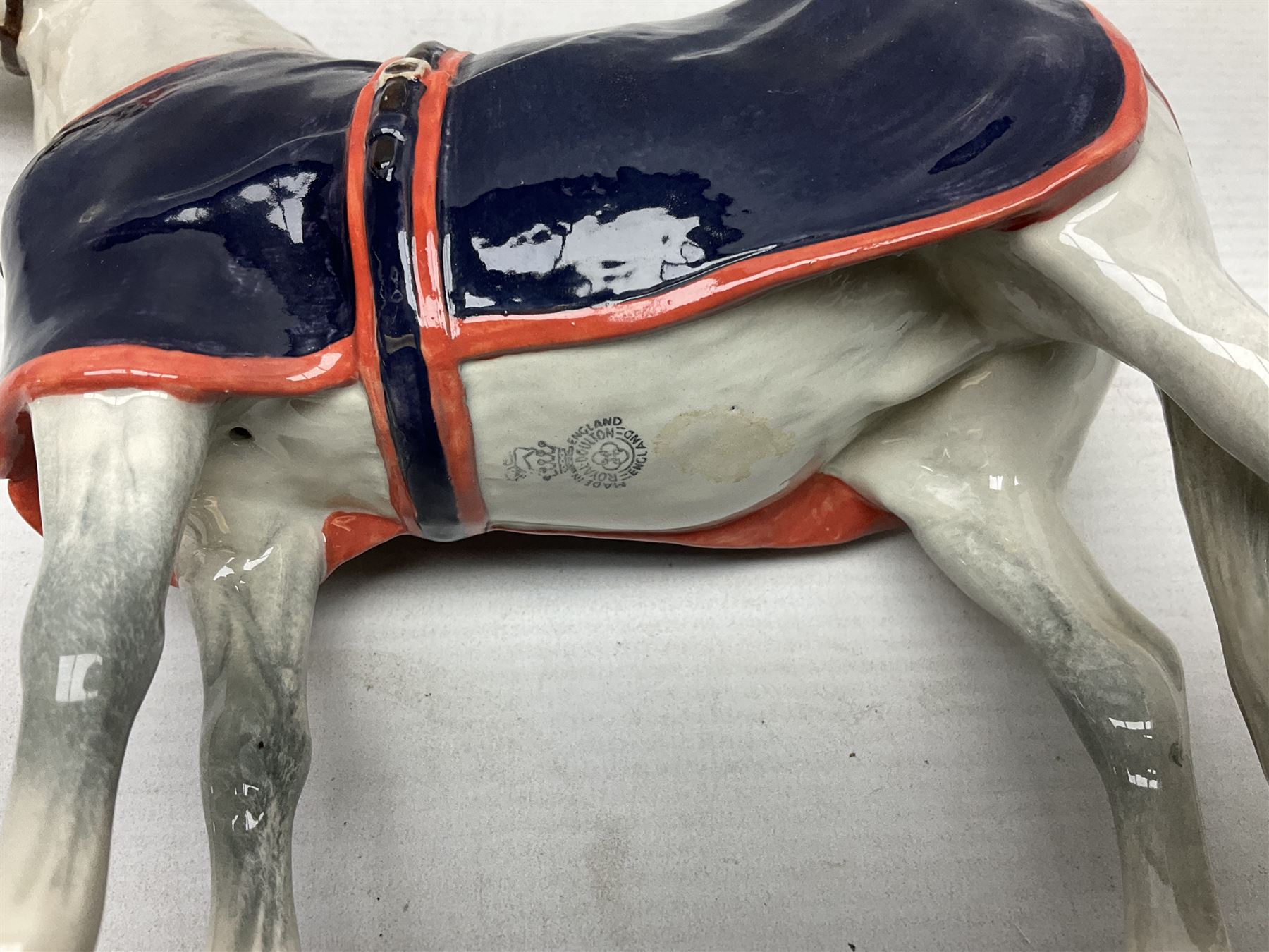 Beswick figure, grey Welsh Mountain Pony in a blue rug on plinth, no A247 H23cm