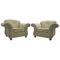 Traditional design three-piece lounge suite - three-seat sofa (W220cm, H90cm, D90cm); two armchairs (W115cm); and two footstools (77cm x 43cm, H31cm); upholstered in cream damask fabric
