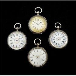 Four 19th/early 20th century silver open face ladies cylinder pocket watches, white enamel and silver decorated dials with Roman numerals, engraved cases with cartouche hallmarked