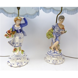  Pair continental figural table lamps with shades, H74cm  