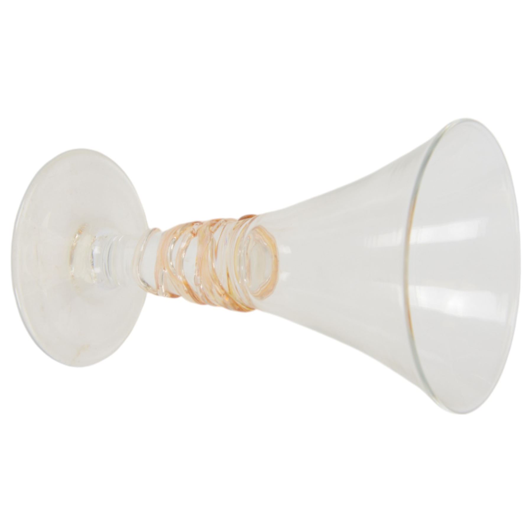 Gillies Jones of Rosedale oversized wine glass, decorated with white abstract decoration, together with a smaller Gillies Jones of Rosedale trumpet shaped wine glass with applied coloured glass ribbon to stem and a Deborah Fladgate purple fluted glass dish, all signed to base, tallest H24.5cm