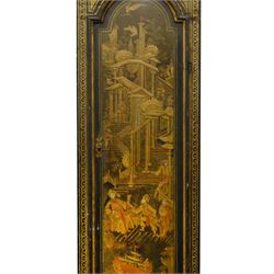 William Hayler of Chatham (Kent) - Fine George III black japanned chinoiserie decorated longcase clock c1760,  hood with a break arch top, glazed side panels and three matching wooden finials, conforming hood door beneath with attached pilasters, long trunk with a  break arch door and moulded surround, on a square double stepped plinth with a flat base, case and hood profusely decorated with scenes of gilt pagodas, temples, birds, people and panels of floral decoration, brass dial with cast brass spandrels and a silvered boss to the arch, silvered chapter with Roman numerals, minute track and five minute Arabic's, matted dial centre with seconds dial, date aperture, matching steel hands and silvered cartouche with makers name, dial pinned directly to a five-pillar rack striking movement with a recoil anchor escapement. With  pendulum, weights  and key.
William Hayler is recorded as working in High Street, Chatham, from 1750-1810, possibly two makers (father & son) working in succession.

