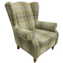 Next Home - 'Sherlock' hardwood framed wingback armchair, upholstered in pale green checkered fabric, on turned front feet