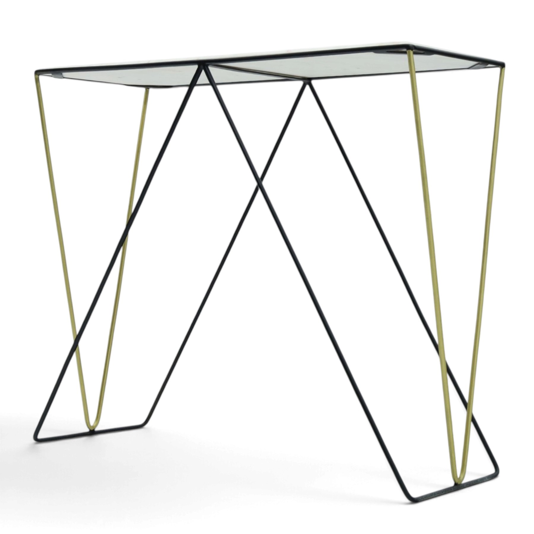 Contemporary marble console table, white marble top with ebonised and gilt metal supports