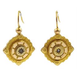 Pair of Victorian 15ct gold Etruscan revival pendant earrings, each set with a single rose cut diamond, Rd No. 28516