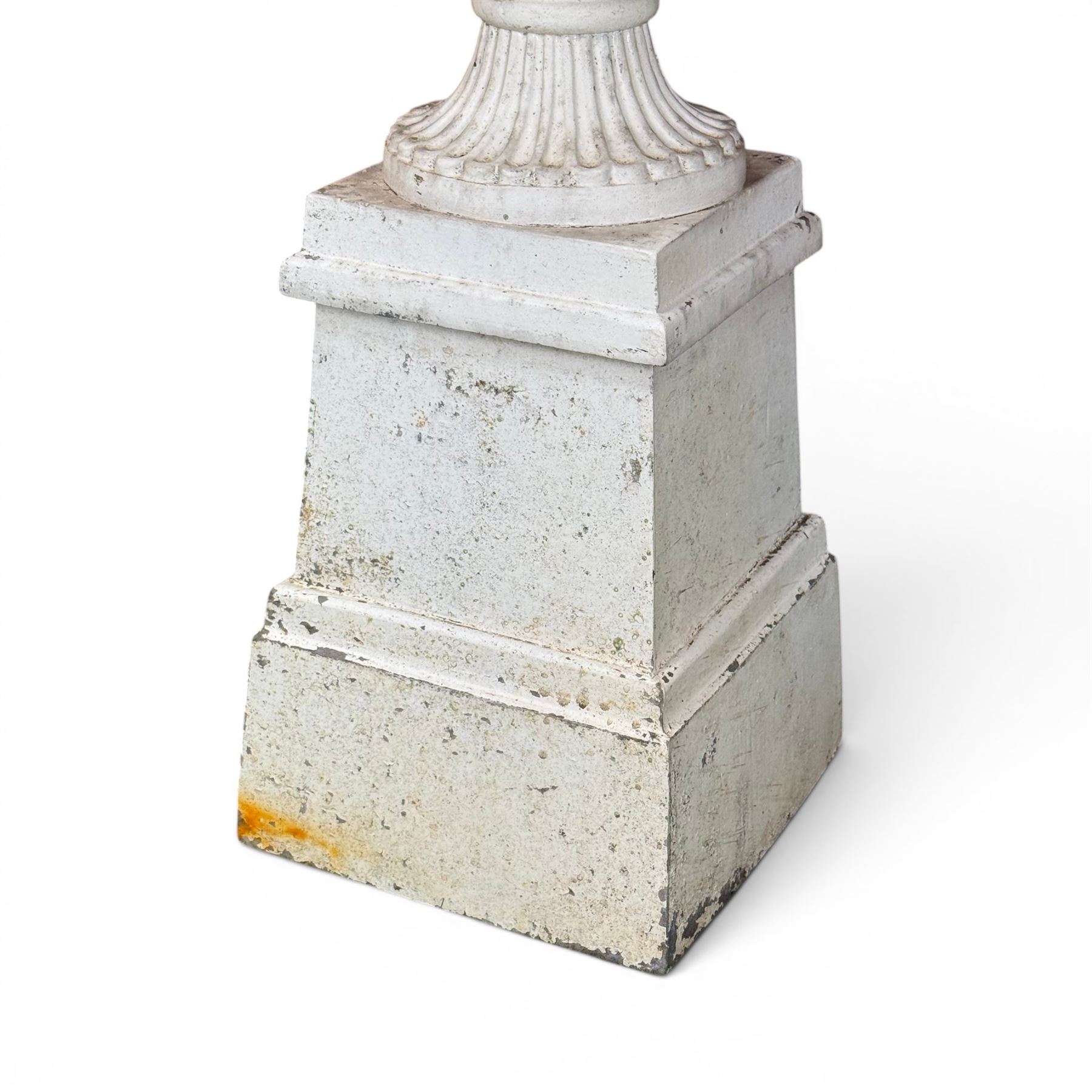 Victorian design white painted cast aluminium garden urn on plinth, fluted bowl on squat pedestal, tapering base